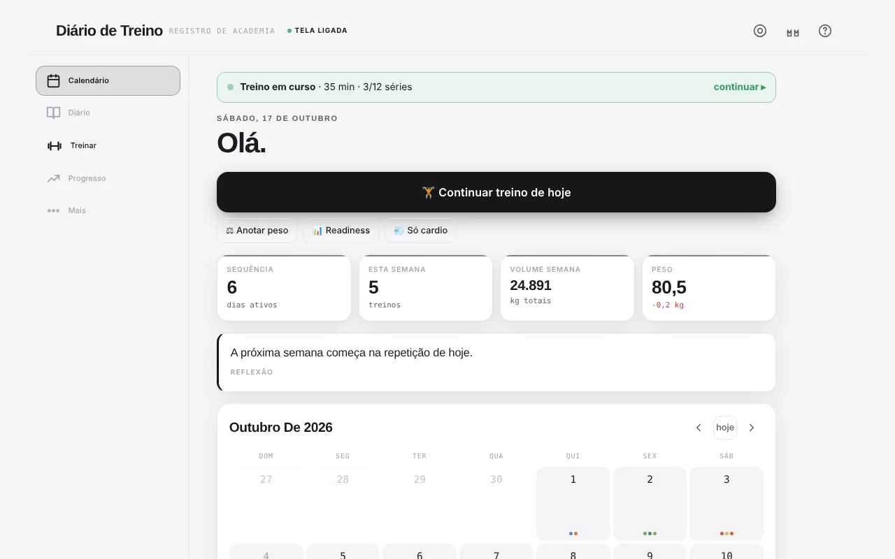 Calendário do Diário de Treino com a sequência de dias ativos, treinos da semana, volume e peso corporal.