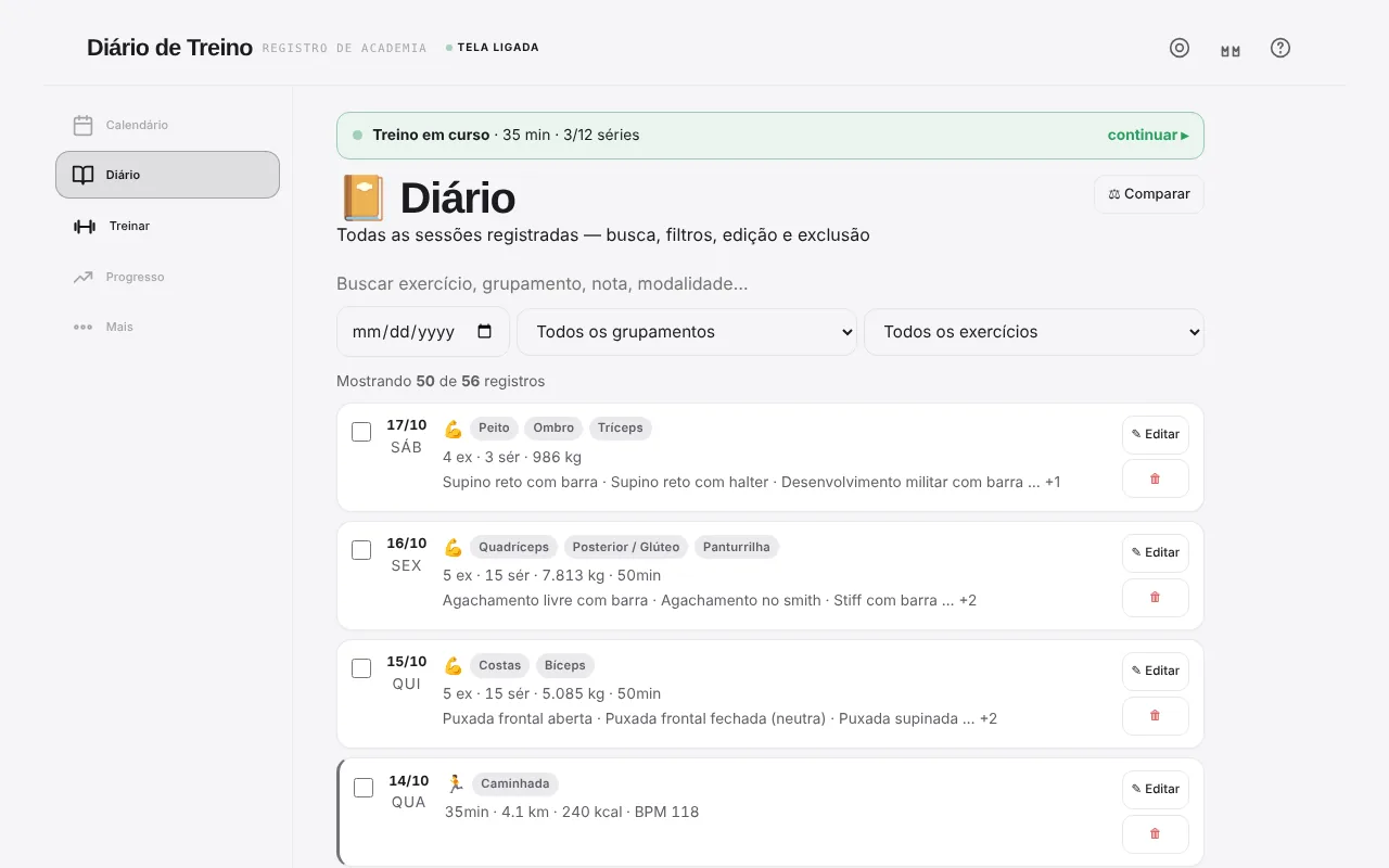 Diário com a lista de treinos e cardios registrados, com busca e filtros.