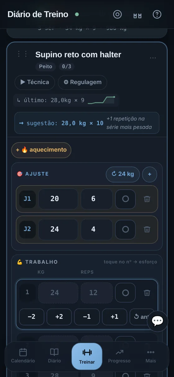 Tela Treinar no celular, tema escuro, com as séries de ajuste e de trabalho e os botões de ajuste rápido.